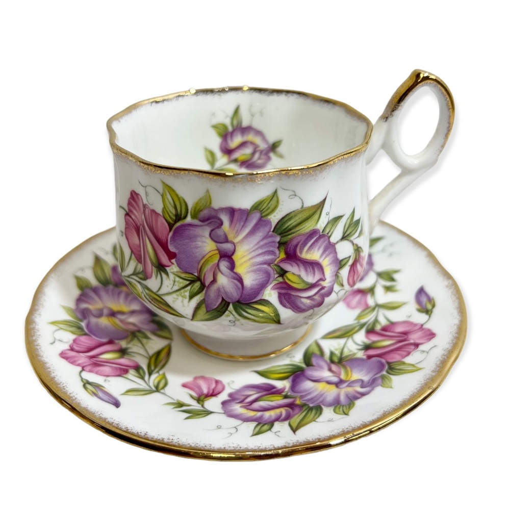 Rosina Queens Teacup Saucer Set Fine Bone China Wild Flowers Sweet Pea